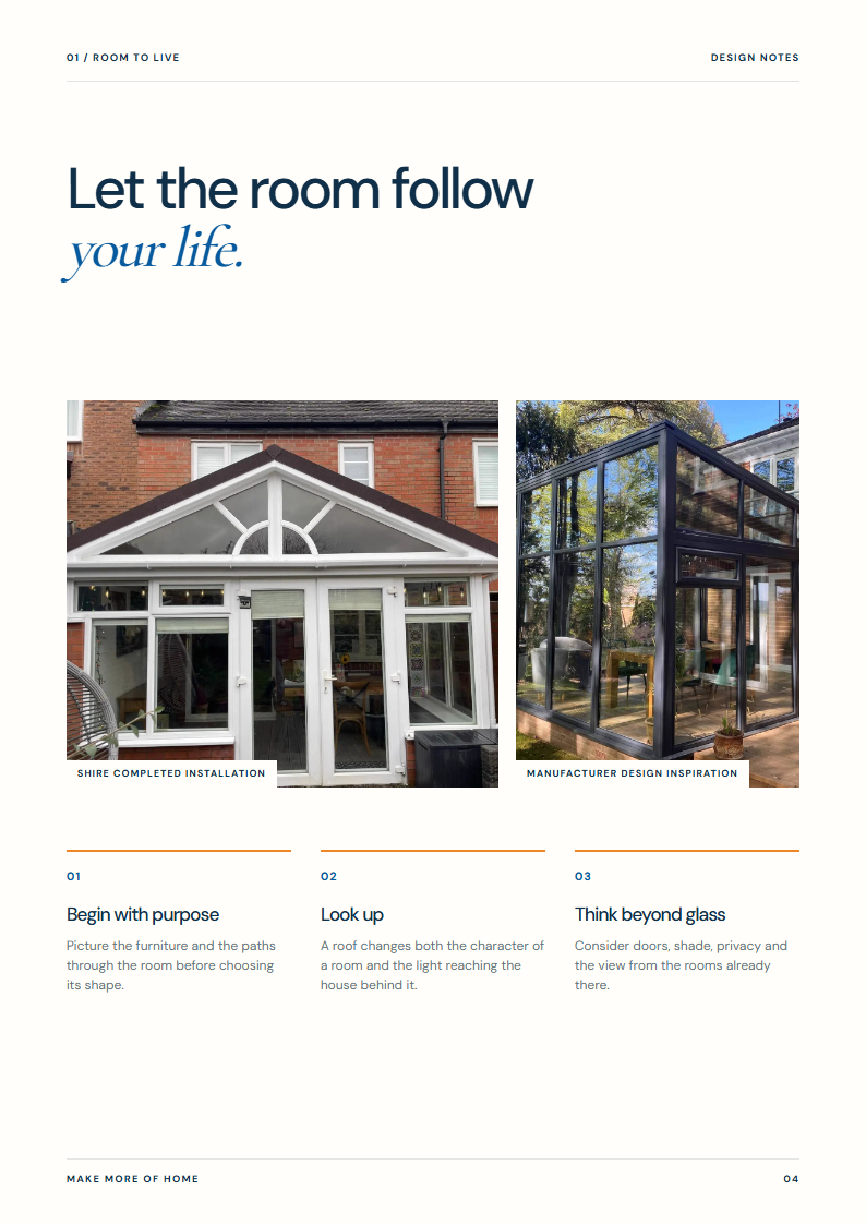 Lookbook spread showing Shire and inspiration conservatory photographs with three room planning notes