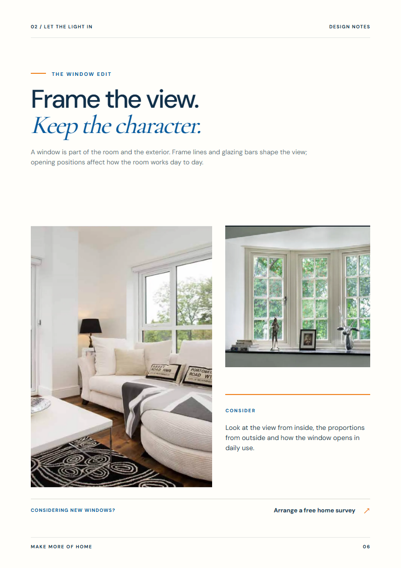 Lookbook spread comparing the view from a window with a completed Shire bay window installation