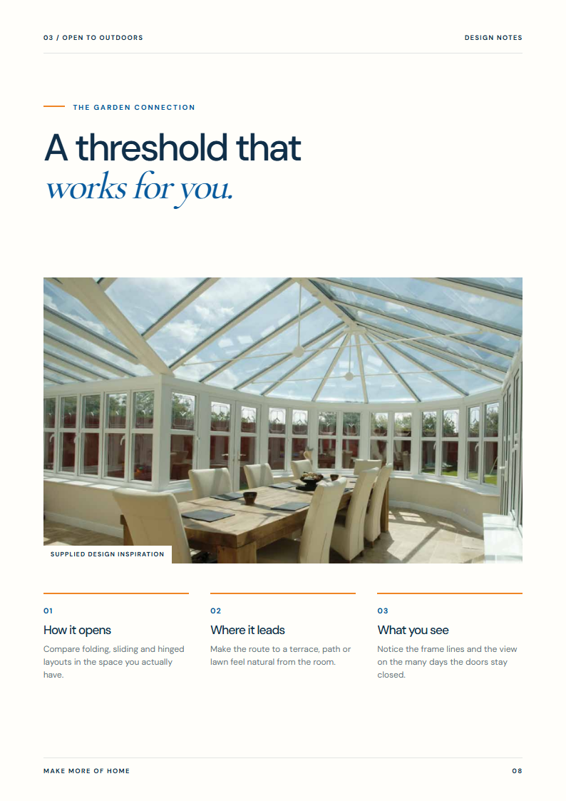 Lookbook spread showing a glazed garden room and practical notes on doors to the outdoors
